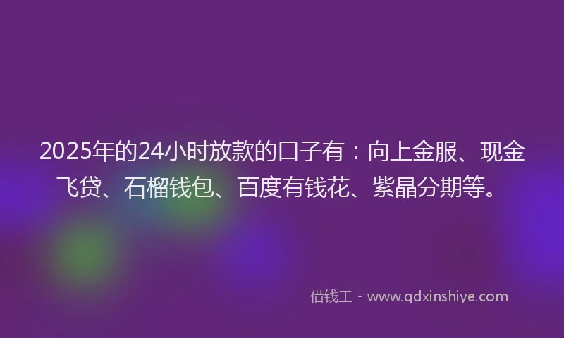 2025年的24小时放款的口子有：向上金服、现金飞贷、石榴钱包、百度有钱花、紫晶分期等。