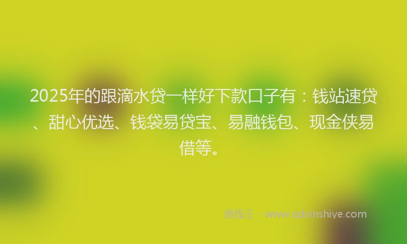 2025年的跟滴水贷一样好下款口子有：钱站速贷、甜心优选、钱袋易贷宝、易融钱包、现金侠易借等。
