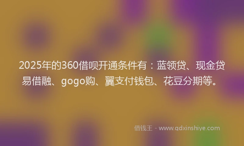 2025年的360借呗开通条件有：蓝领贷、现金贷易借融、gogo购、翼支付钱包、花豆分期等。
