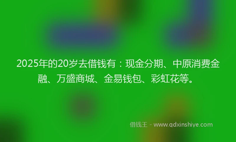 2025年的20岁去借钱有：现金分期、中原消费金融、万盛商城、金易钱包、彩虹花等。