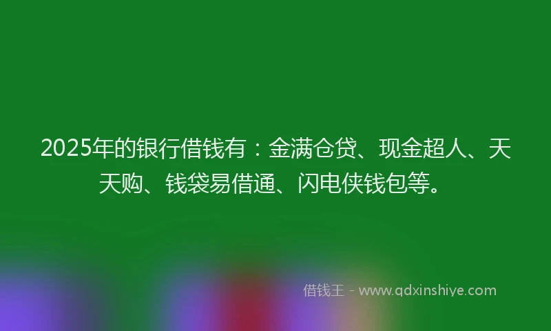 2025年的银行借钱有：金满仓贷、现金超人、天天购、钱袋易借通、闪电侠钱包等。