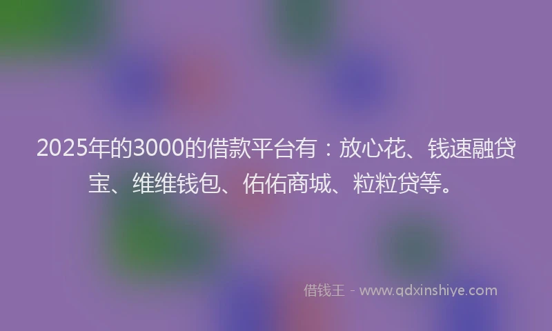 2025年的3000的借款平台有：放心花、钱速融贷宝、维维钱包、佑佑商城、粒粒贷等。