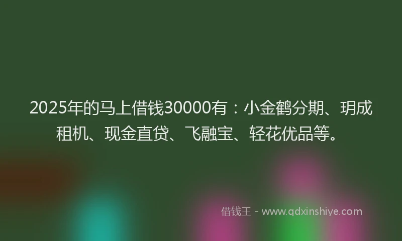2025年的马上借钱30000有：小金鹤分期、玥成租机、现金直贷、飞融宝、轻花优品等。