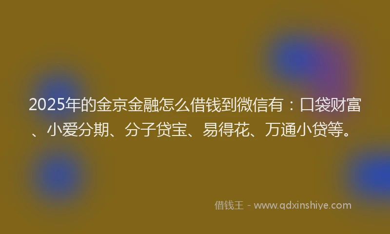 2025年的金京金融怎么借钱到微信有：口袋财富、小爱分期、分子贷宝、易得花、万通小贷等。