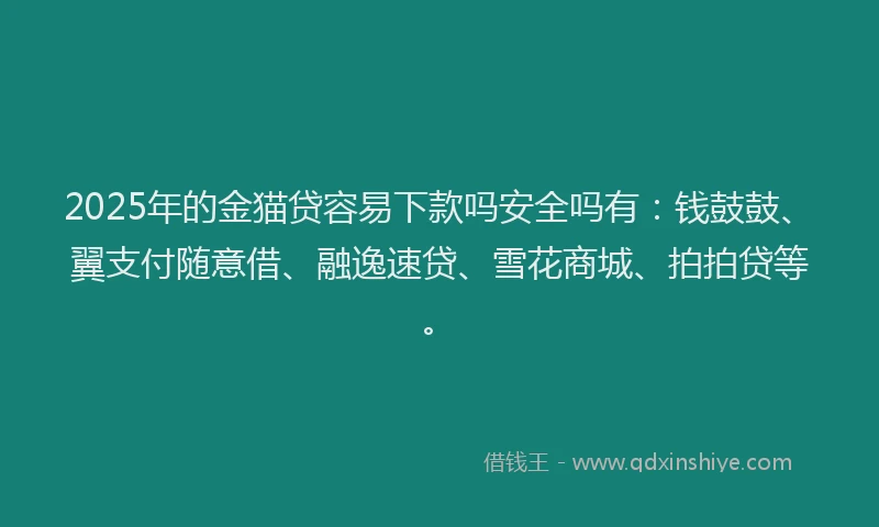 2025年的金猫贷容易下款吗安全吗有：钱鼓鼓、翼支付随意借、融逸速贷、雪花商城、拍拍贷等。