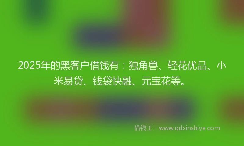 2025年的黑客户借钱有：独角兽、轻花优品、小米易贷、钱袋快融、元宝花等。