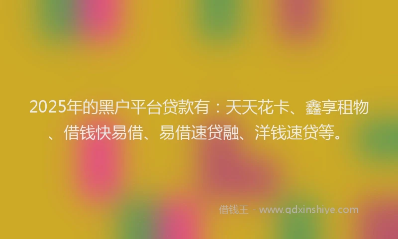 2025年的黑户平台贷款有：天天花卡、鑫享租物、借钱快易借、易借速贷融、洋钱速贷等。