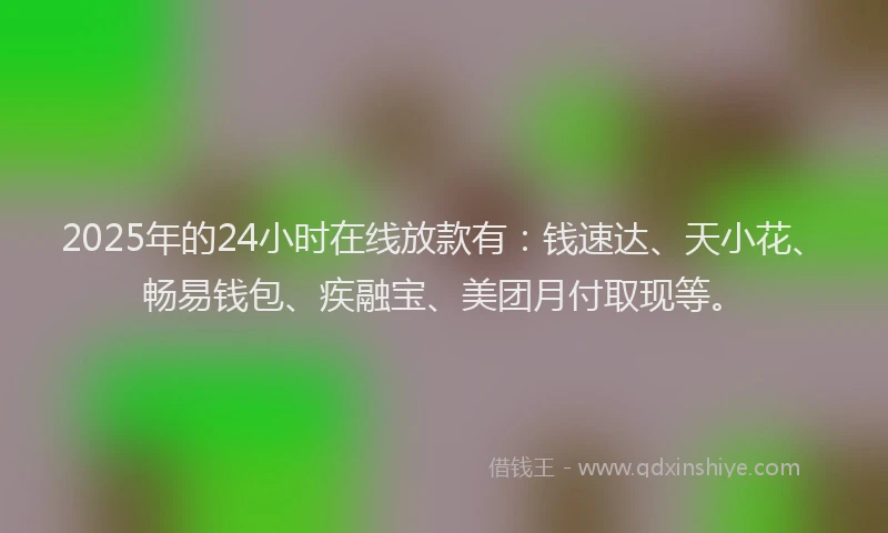 2025年的24小时在线放款有：钱速达、天小花、畅易钱包、疾融宝、美团月付取现等。