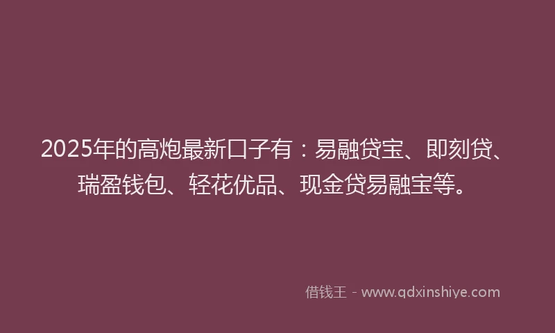 2025年的高炮最新口子有：易融贷宝、即刻贷、瑞盈钱包、轻花优品、现金贷易融宝等。