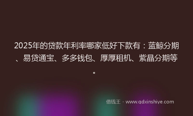 2025年的贷款年利率哪家低好下款有：蓝鲸分期、易贷通宝、多多钱包、厚厚租机、紫晶分期等。