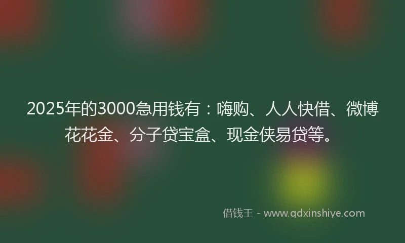 2025年的3000急用钱有：嗨购、人人快借、微博花花金、分子贷宝盒、现金侠易贷等。