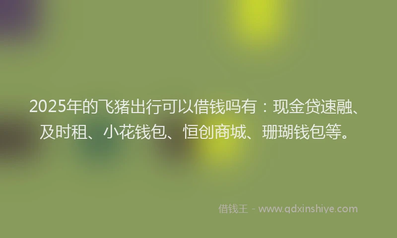 2025年的飞猪出行可以借钱吗有：现金贷速融、及时租、小花钱包、恒创商城、珊瑚钱包等。