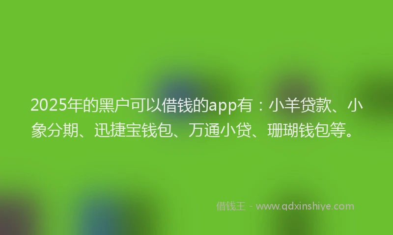 2025年的黑户可以借钱的app有：小羊贷款、小象分期、迅捷宝钱包、万通小贷、珊瑚钱包等。