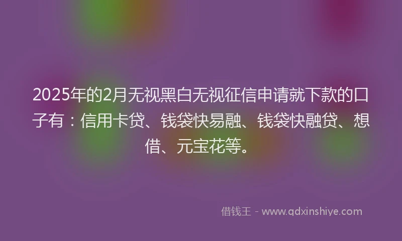 2025年的2月无视黑白无视征信申请就下款的口子有：信用卡贷、钱袋快易融、钱袋快融贷、想借、元宝花等。