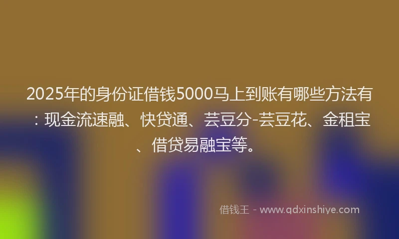 2025年的身份证借钱5000马上到账有哪些方法有：现金流速融、快贷通、芸豆分-芸豆花、金租宝、借贷易融宝等。