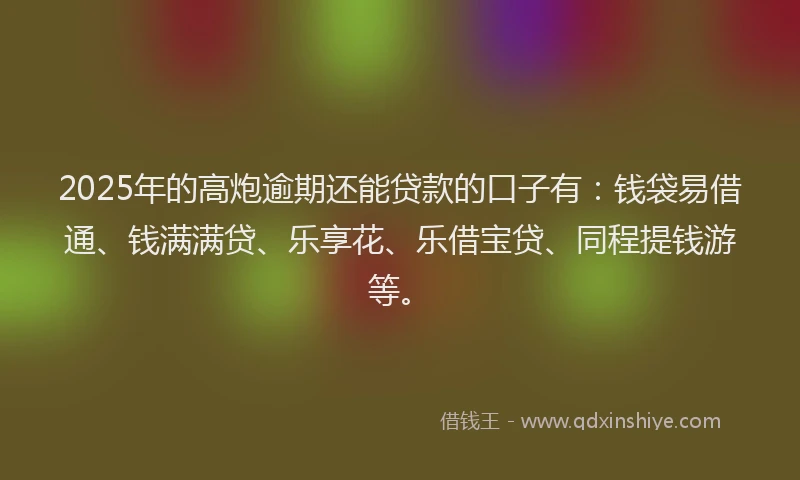 2025年的高炮逾期还能贷款的口子有：钱袋易借通、钱满满贷、乐享花、乐借宝贷、同程提钱游等。