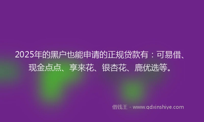 2025年的黑户也能申请的正规贷款有：可易借、现金点点、享来花、银杏花、鹿优选等。