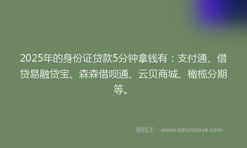 2025年的身份证贷款5分钟拿钱有：支付通、借贷易融贷宝、森森借呗通、云贝商城、橄榄分期等。