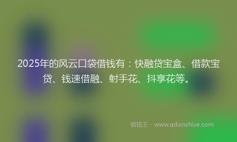 2025年的风云口袋借钱有：快融贷宝盒、借款宝贷、钱速借融、射手花、抖享花等。