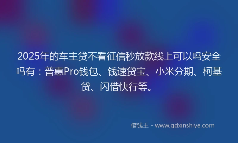 2025年的车主贷不看征信秒放款线上可以吗安全吗有：普惠Pro钱包、钱速贷宝、小米分期、柯基贷、闪借快行等。