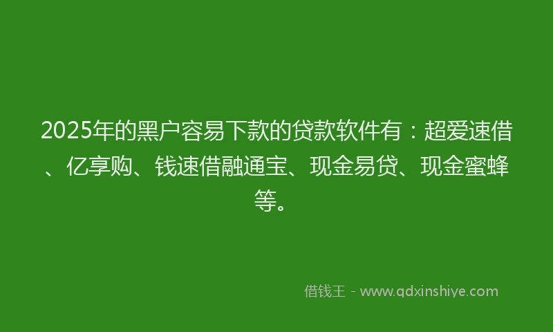 2025年的黑户容易下款的贷款软件有：超爱速借、亿享购、钱速借融通宝、现金易贷、现金蜜蜂等。