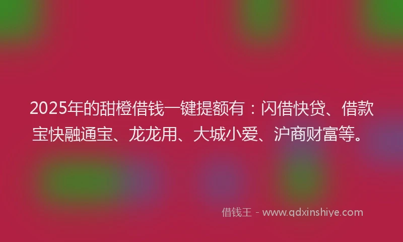 2025年的甜橙借钱一键提额有：闪借快贷、借款宝快融通宝、龙龙用、大城小爱、沪商财富等。