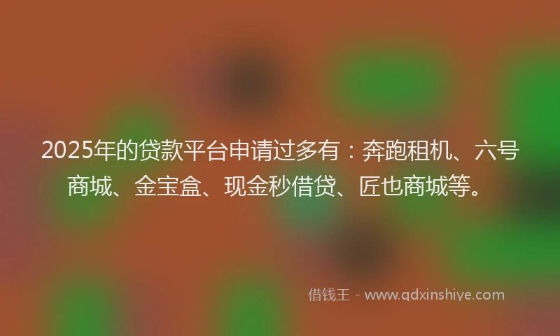 2025年的贷款平台申请过多有：奔跑租机、六号商城、金宝盒、现金秒借贷、匠也商城等。
