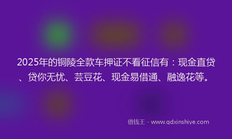2025年的铜陵全款车押证不看征信有：现金直贷、贷你无忧、芸豆花、现金易借通、融逸花等。
