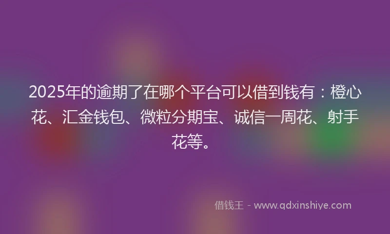 2025年的逾期了在哪个平台可以借到钱有：橙心花、汇金钱包、微粒分期宝、诚信一周花、射手花等。