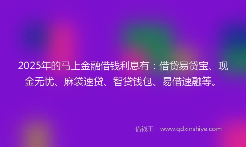 2025年的马上金融借钱利息有：借贷易贷宝、现金无忧、麻袋速贷、智贷钱包、易借速融等。