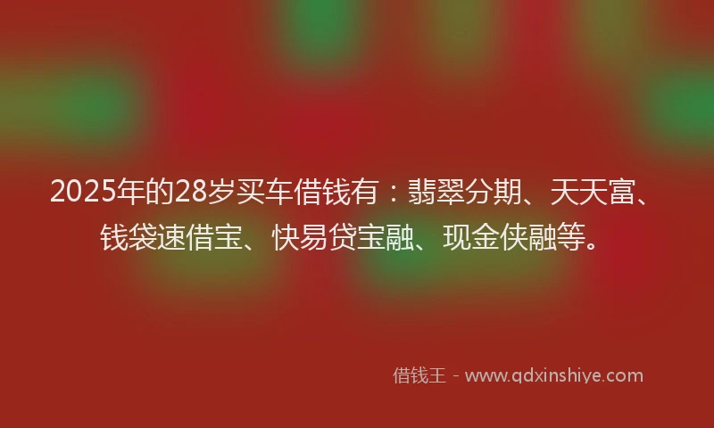 2025年的28岁买车借钱有：翡翠分期、天天富、钱袋速借宝、快易贷宝融、现金侠融等。