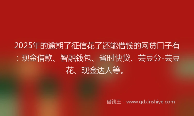 2025年的逾期了征信花了还能借钱的网贷口子有：现金借款、智融钱包、省时快贷、芸豆分-芸豆花、现金达人等。