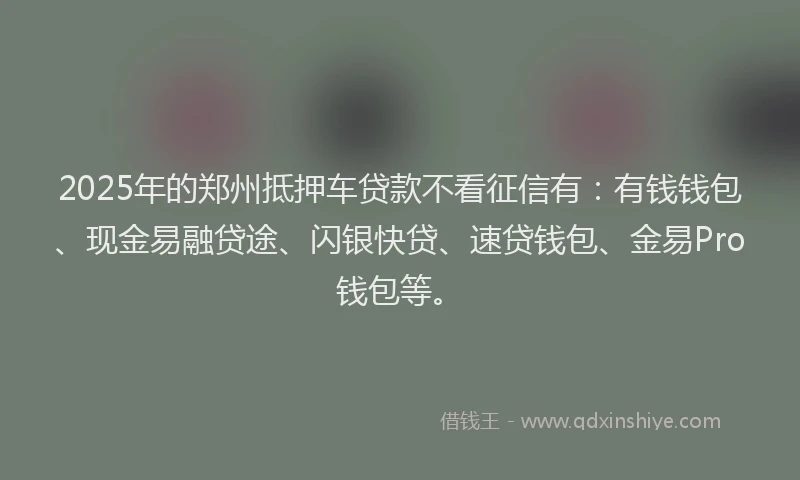 2025年的郑州抵押车贷款不看征信有：有钱钱包、现金易融贷途、闪银快贷、速贷钱包、金易Pro钱包等。