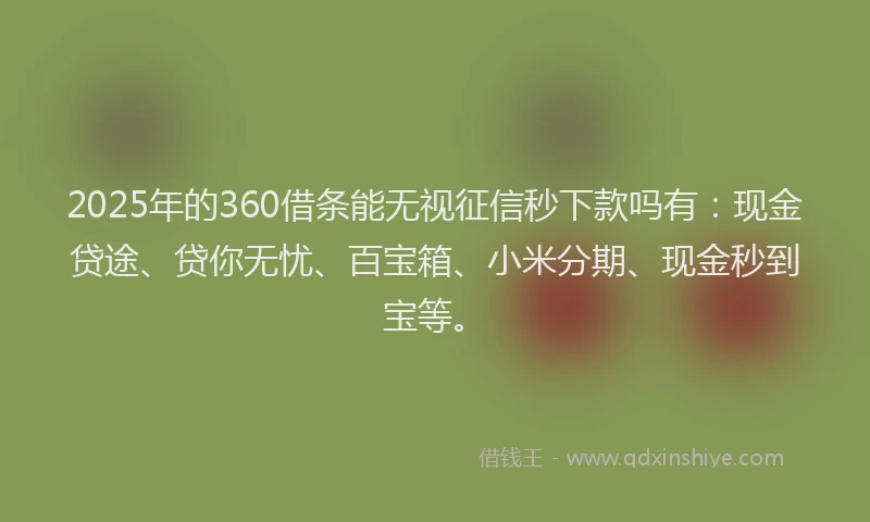 2025年的360借条能无视征信秒下款吗有：现金贷途、贷你无忧、百宝箱、小米分期、现金秒到宝等。