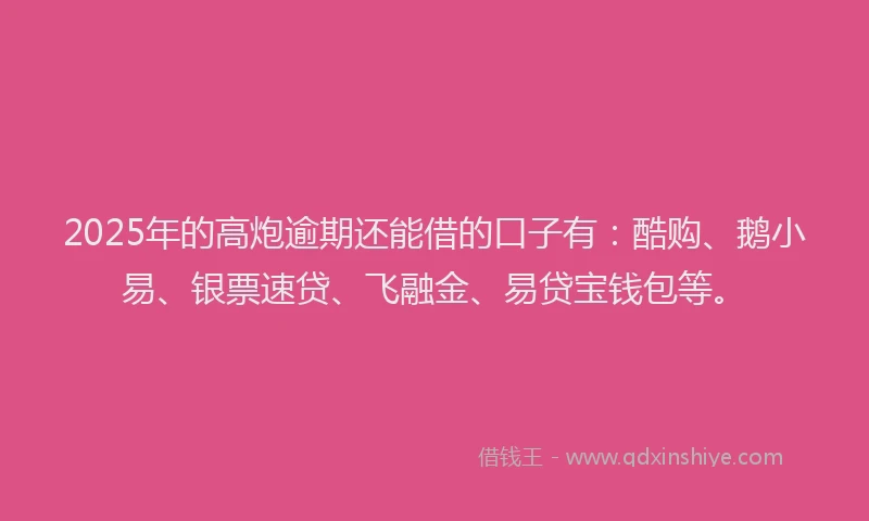 2025年的高炮逾期还能借的口子有：酷购、鹅小易、银票速贷、飞融金、易贷宝钱包等。
