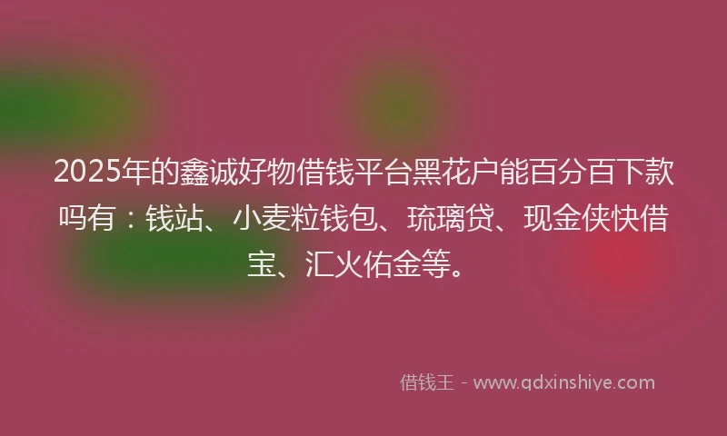 2025年的鑫诚好物借钱平台黑花户能百分百下款吗有：钱站、小麦粒钱包、琉璃贷、现金侠快借宝、汇火佑金等。