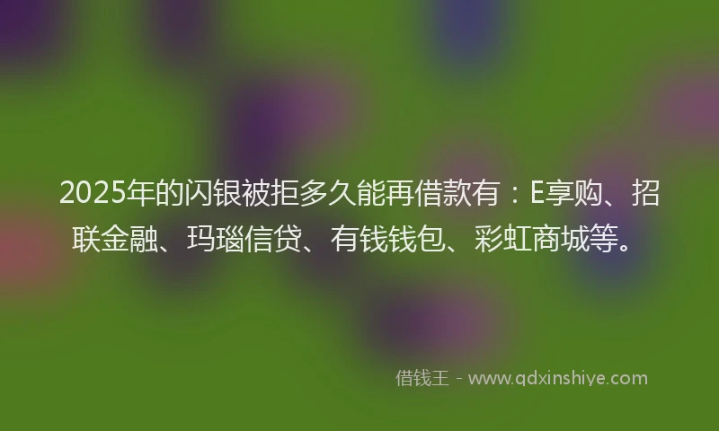 2025年的闪银被拒多久能再借款有：E享购、招联金融、玛瑙信贷、有钱钱包、彩虹商城等。
