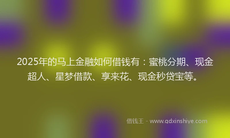2025年的马上金融如何借钱有：蜜桃分期、现金超人、星梦借款、享来花、现金秒贷宝等。