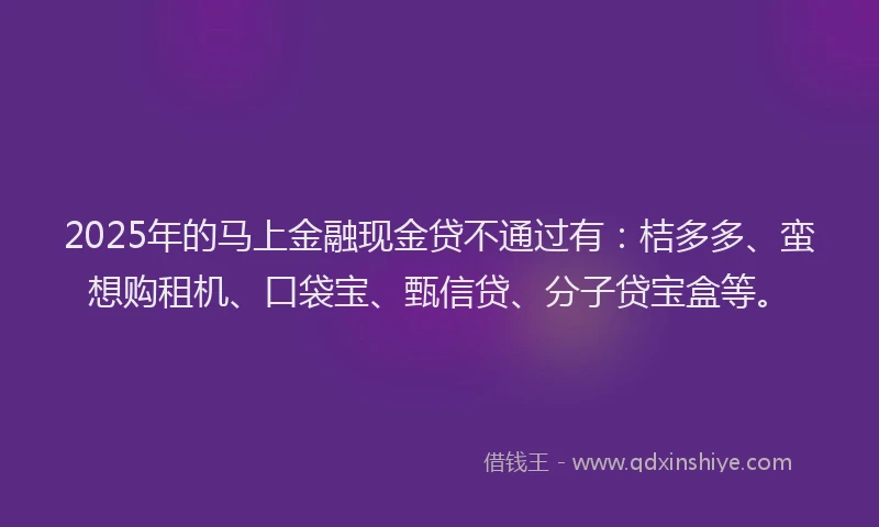 2025年的马上金融现金贷不通过有：桔多多、蛮想购租机、口袋宝、甄信贷、分子贷宝盒等。