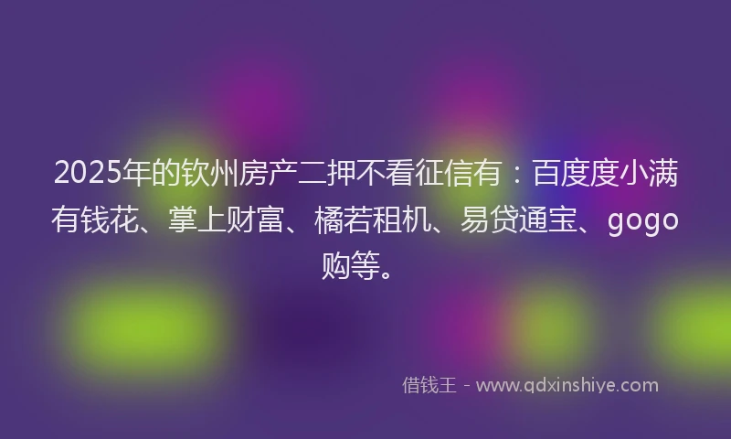 2025年的钦州房产二押不看征信有：百度度小满有钱花、掌上财富、橘若租机、易贷通宝、gogo购等。