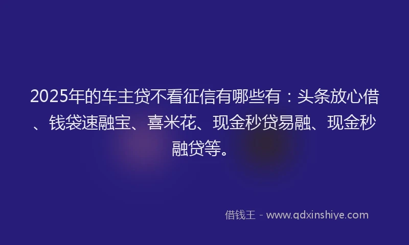 2025年的车主贷不看征信有哪些有：头条放心借、钱袋速融宝、喜米花、现金秒贷易融、现金秒融贷等。