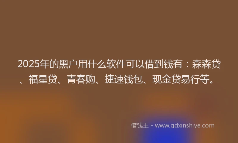 2025年的黑户用什么软件可以借到钱有：森森贷、福星贷、青春购、捷速钱包、现金贷易行等。