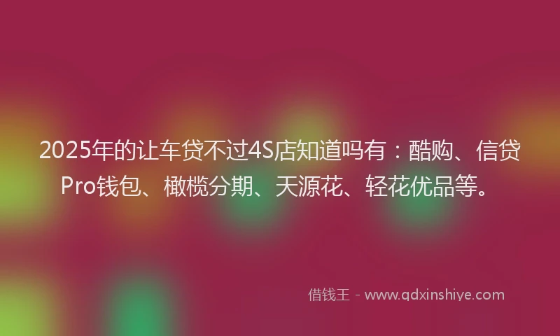 2025年的让车贷不过4S店知道吗有：酷购、信贷Pro钱包、橄榄分期、天源花、轻花优品等。