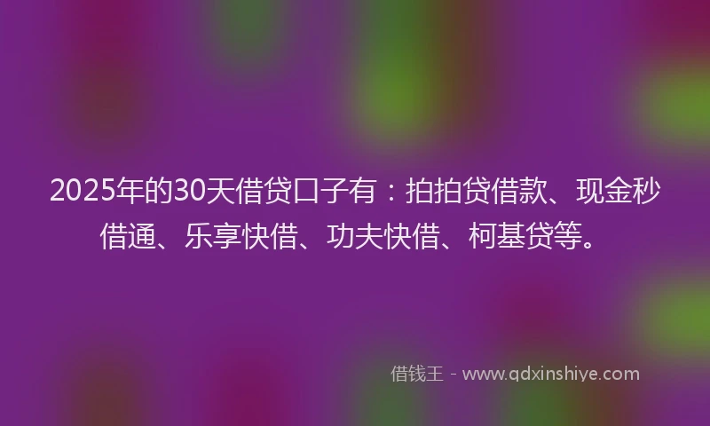 2025年的30天借贷口子有：拍拍贷借款、现金秒借通、乐享快借、功夫快借、柯基贷等。