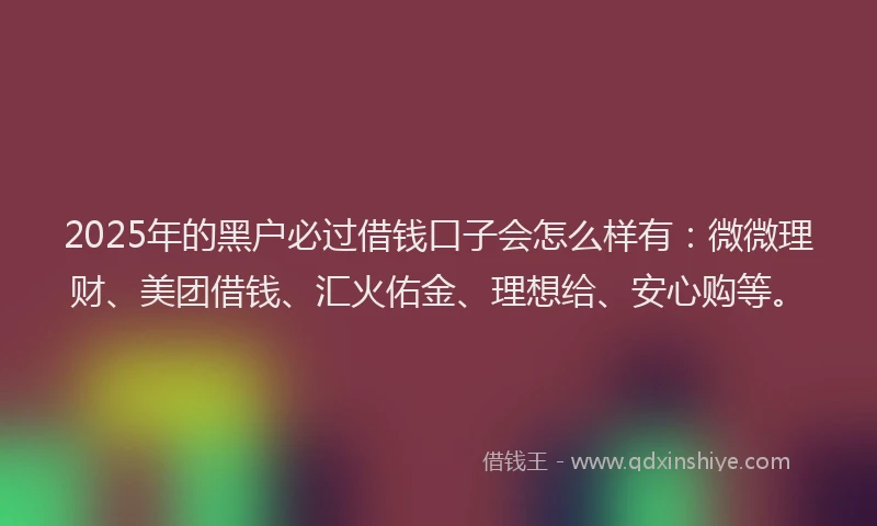 2025年的黑户必过借钱口子会怎么样有：微微理财、美团借钱、汇火佑金、理想给、安心购等。