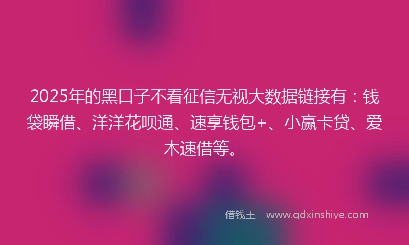 2025年的黑口子不看征信无视大数据链接有：钱袋瞬借、洋洋花呗通、速享钱包+、小赢卡贷、爱木速借等。