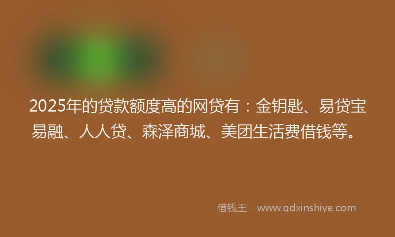 2025年的贷款额度高的网贷有：金钥匙、易贷宝易融、人人贷、森泽商城、美团生活费借钱等。