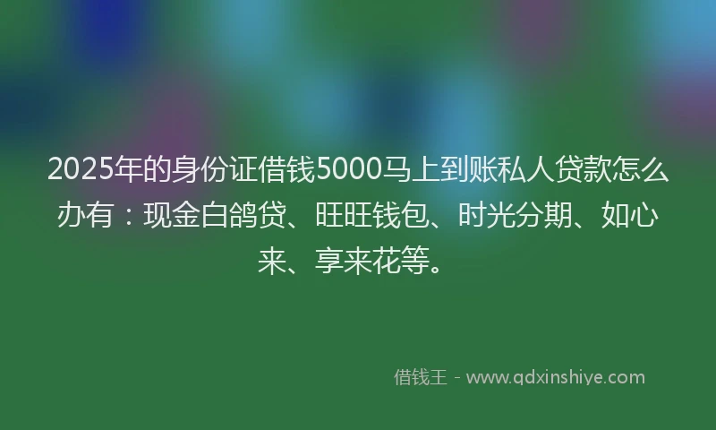 2025年的身份证借钱5000马上到账私人贷款怎么办有：现金白鸽贷、旺旺钱包、时光分期、如心来、享来花等。