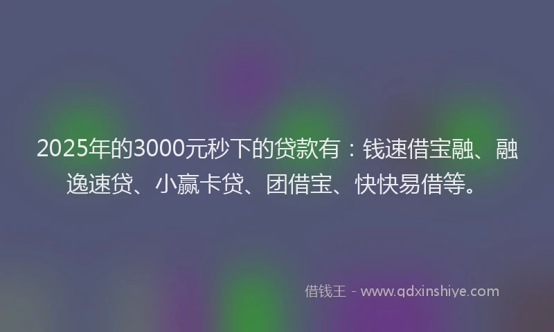 2025年的3000元秒下的贷款有：钱速借宝融、融逸速贷、小赢卡贷、团借宝、快快易借等。