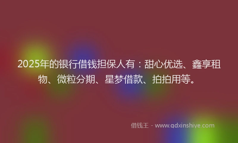 2025年的银行借钱担保人有：甜心优选、鑫享租物、微粒分期、星梦借款、拍拍用等。